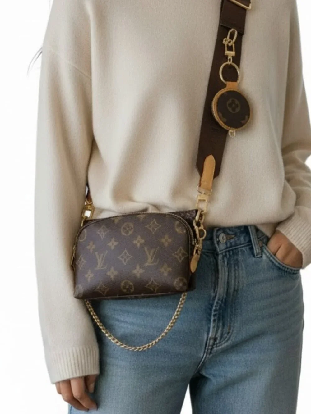 Authentic Louis Vuitton Brown Monogram Cosmetic Pouch-Converted-Crossbody Bag.